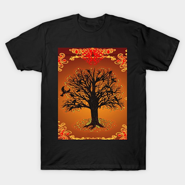 Gold Leaves & Grackles T-Shirt by Nerdartist